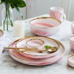3PCS Pink Marble Ceramic Dinnerware Set – Plates and Bowl with Gold Rim - Image 3