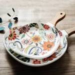 2PCS Colorful Floral Ceramic Plates with Wooden Handle – Salad and Dinner Plate Set
