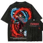 Tanjiro Demon Slayer Vintage Washed T-Shirt Anime Streetwear Water Breathing Graphic Tee