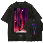 Ghost In The Shell Anime Vintage Washed T-Shirt, Cyberpunk Neon City Graphic Tee