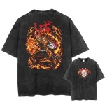 Demon Slayer Kyojuro Rengoku Flame Heart Washed Anime T-Shirt – Distressed Manga Shirt, Streetwear Anime Tee