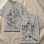 Frieren Washed Charcoal Graphic Tee | Vintage 90s Anime Streetwear | Oversized Grunge Manga Shirt | Acid Wash Grey Unisex Top