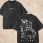 Frieren Anime Inspired Vintage Washed Black Shirt - Retro Elf Fantasy Graphic Tee - Heavyweight Unisex Oversized Manga Streetwear - Gift for Anime Fans