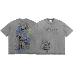 Frieren Blue Moon Flowers Vintage Anime Washed Tee - Urban Japanese Anime Oversized Streetwear Shirt For Men And Women