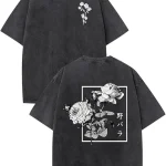 Japanese Rose Flower Vintage Washed Oversized Anime Harajuku Streetwear Graphic T-Shirt