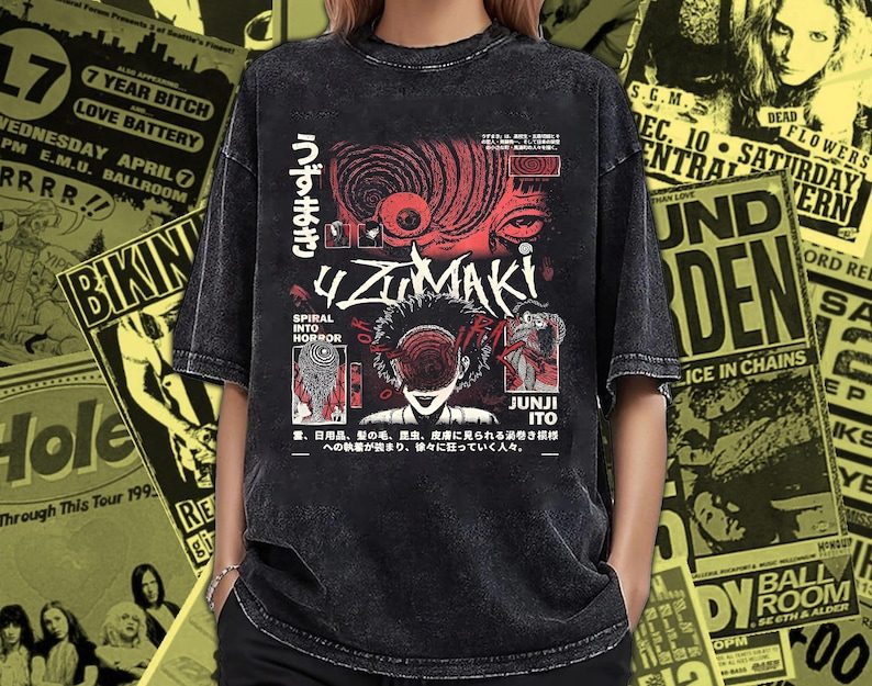 Junji Ito Uzumaki Japanese Horror Manga Spiral Curse Vintage Washed T-Shirt Anime Horror Graphic Tee - Image 1