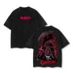 Kenpachi Zaraki Bleach Soul Reaper Anime Vintage Washed T-Shirt Double Printed Manga Graphic Tee Oversized