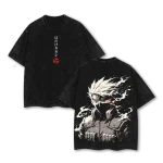 Naruto Anime Kakashi Hatake Lightning Blade Sharingan Vintage Washed Oversized Manga Graphic T-Shirt