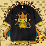 Pikachu Charizard Poncho Pokemon Anime Character Vintage Washed T-Shirt Retro Anime Graphic Tee