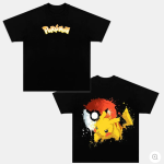 Pokemon Japanese Anime Manga Vintage Style Washed Unisex Graphic Black Tee Shirt