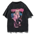 Power Powerful Quote Chainsaw Man Anime Vintage Acid Washed Oversized T-Shirt Blood Devil Graphic Tee